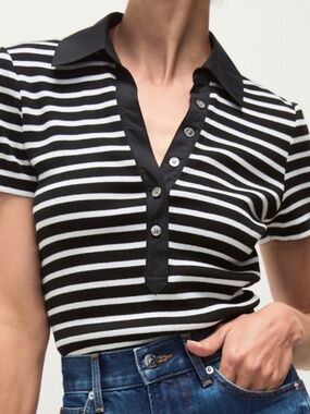 Veronica Beard Kearney Stripe Cotton Polo WHITE BLACK, Size X-Large